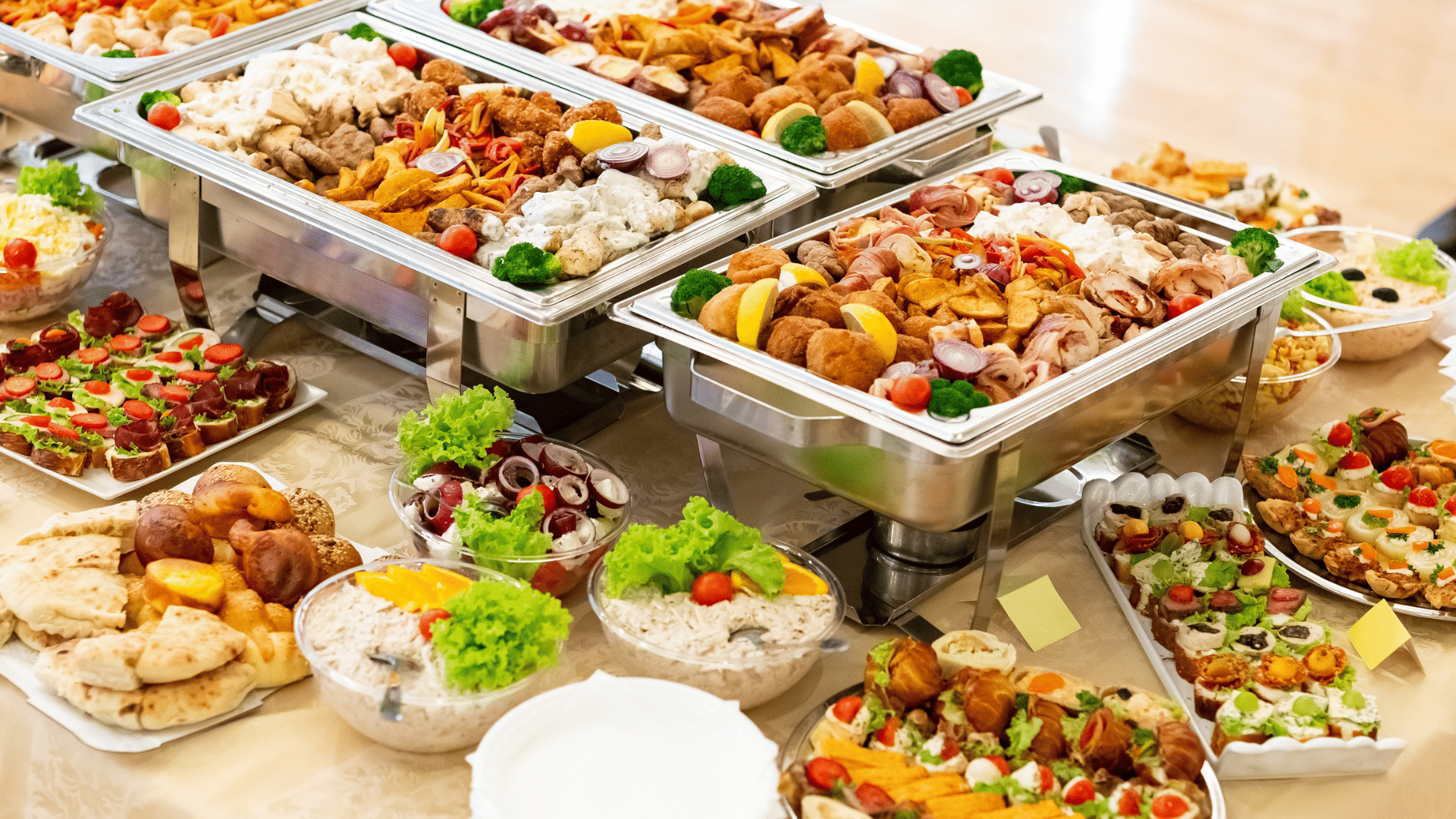 Catering spread with various foods