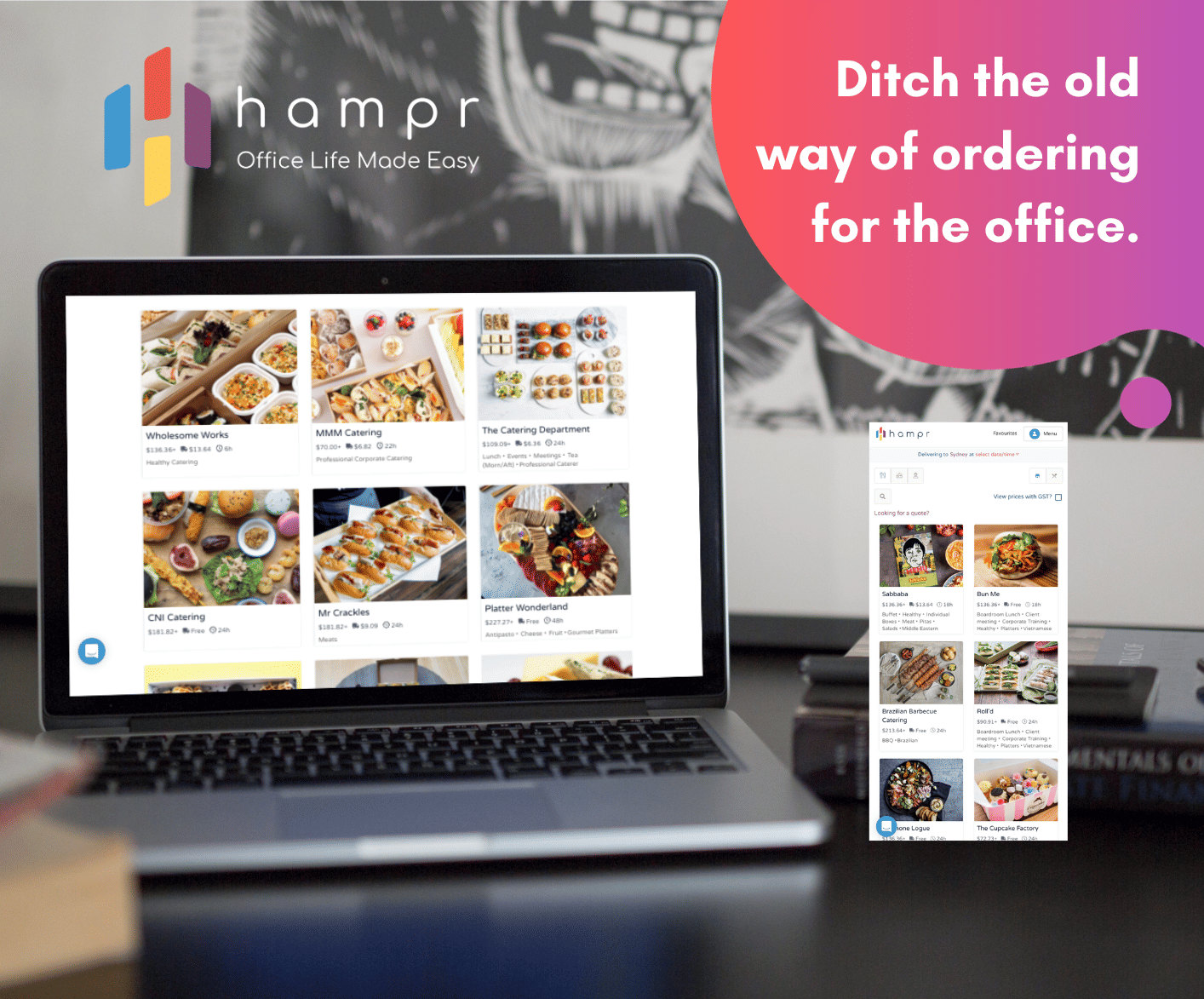 Image of laptop screen displaying Hampr platform caterers
