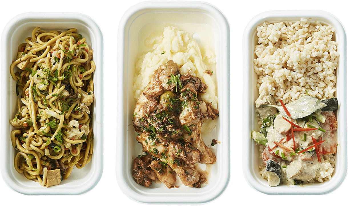Individually packaged meals with pasta, chicken, potato, rice and salad