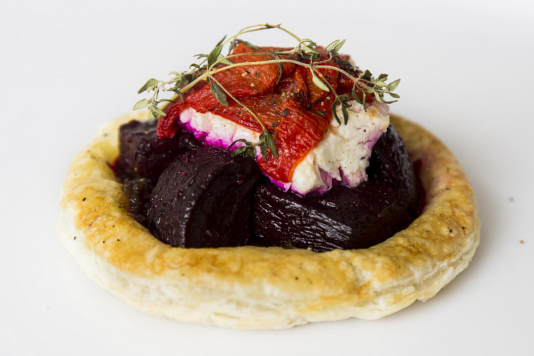 Roast Beetroot Goats Cheese & Caramelized Onion Tart