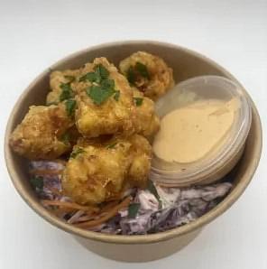 Popcorn Chicken, Slaw Rice Bowl with Chipotle Mayo