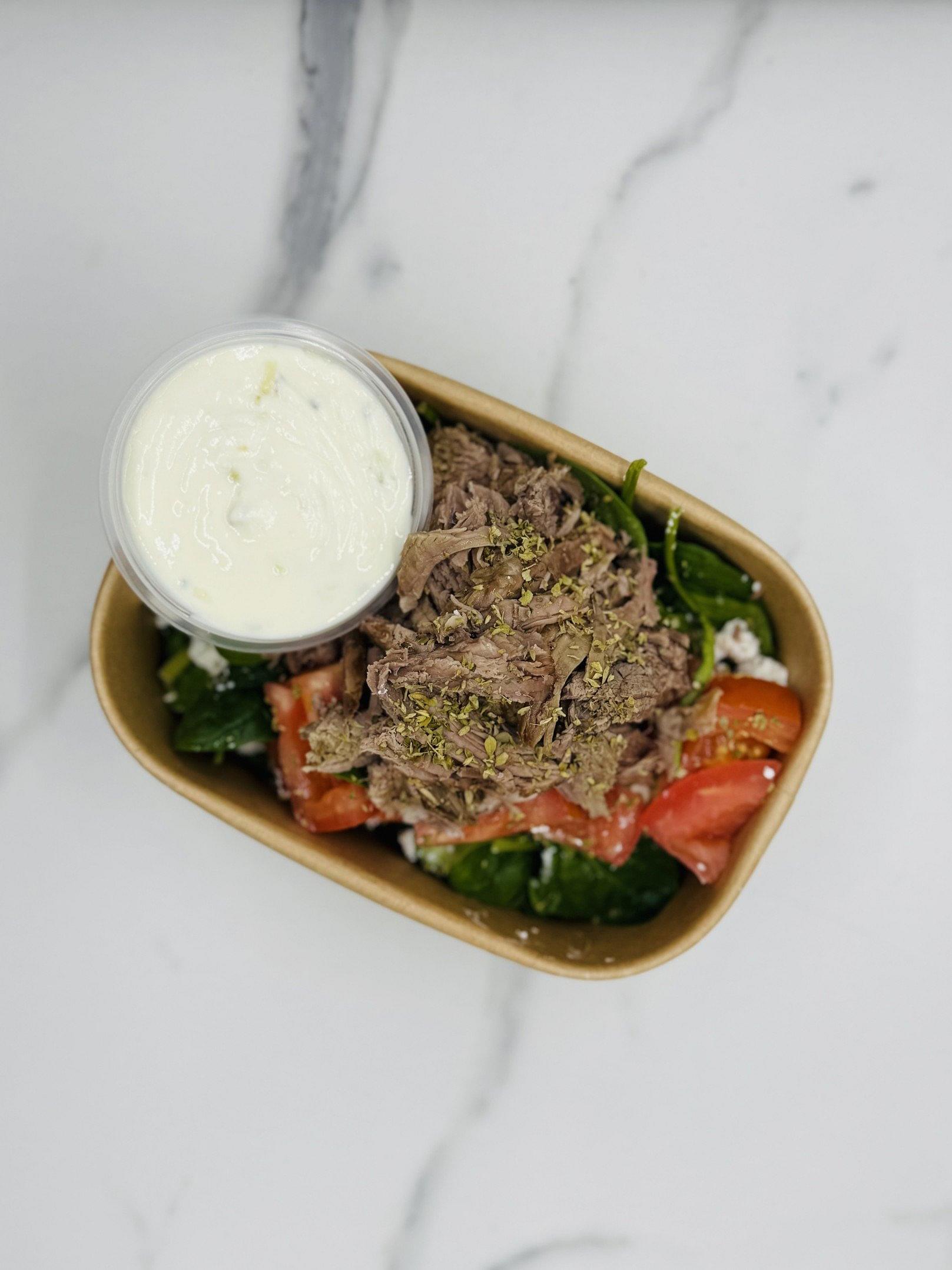 Village Greek Salad Topped with Pulled Lamb