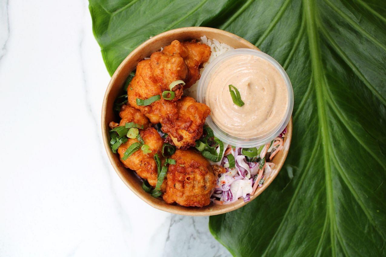 Popcorn Chicken, Slaw Rice Bowl with Chipotle Mayo