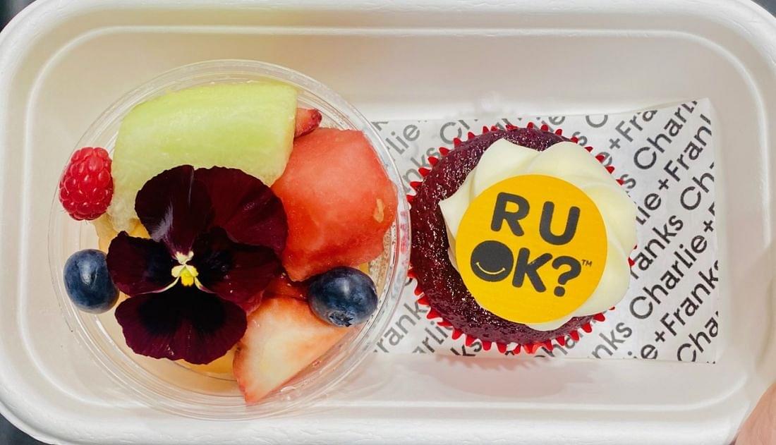 Yellow AM/ PM Box - Fruit Cup + Cupcake with R U OK? Topper