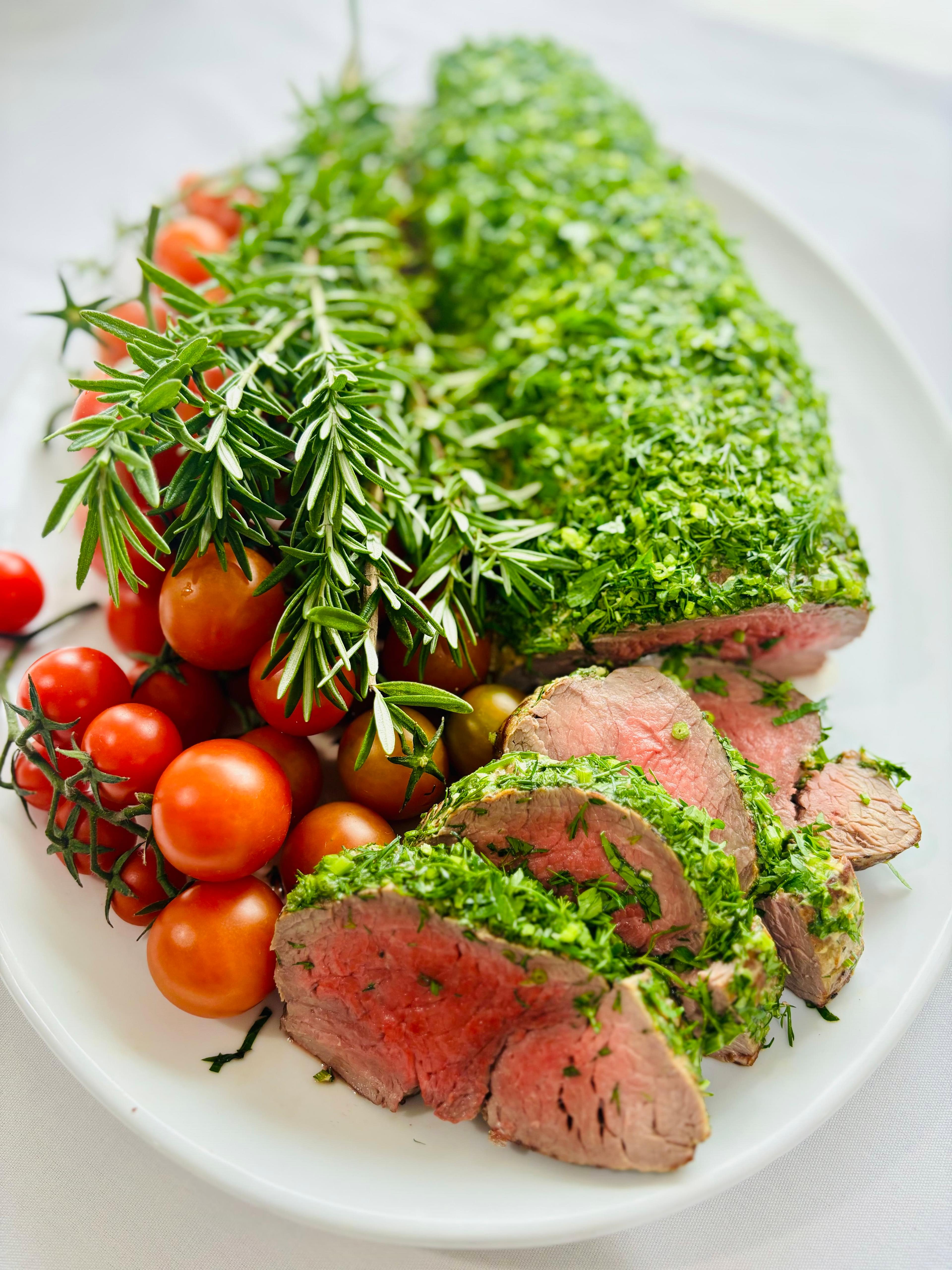 Xmas 2.5kg Herb Crusted Roast Beef Tenderloin + Blistered Truss Tomatoes