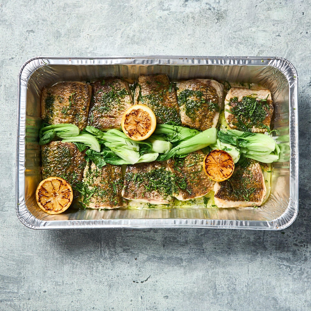 Grilled Barramundi Fillets, Bok Choy, Lemon & Salsa Verde