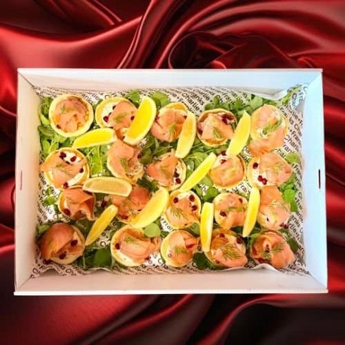 Canapé - Smoked Salmon Blinis, Pomegranate, Creme Fraiche + Lemon Caper Dill
