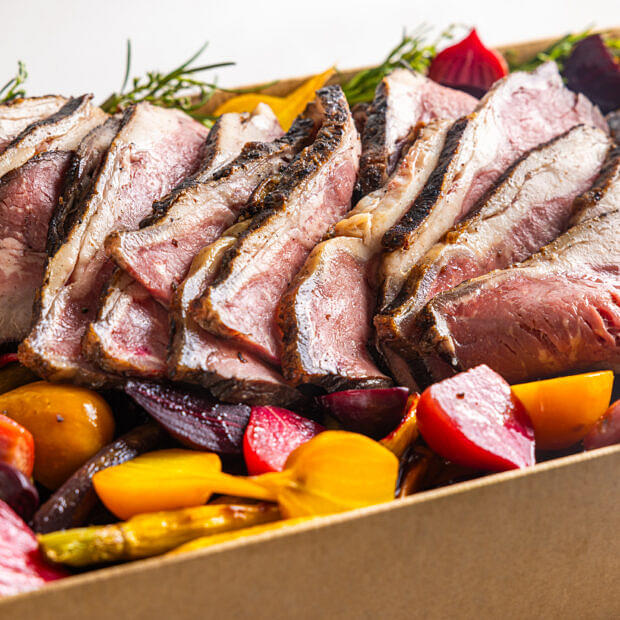 Rare Roasted Beef & Mustard Seed Cream + Glazed Carrots & Beets