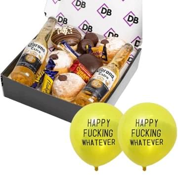 Corona's, Donuts & Brownies Box + 2x Happy Fucking Whatever Balloons