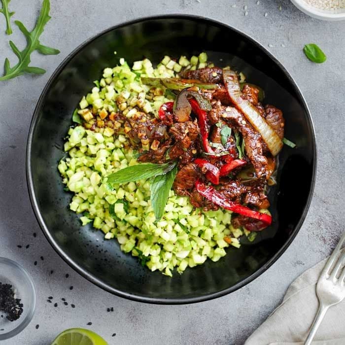 Mongolian Lamb with Broccoli and Cauliflower Rice