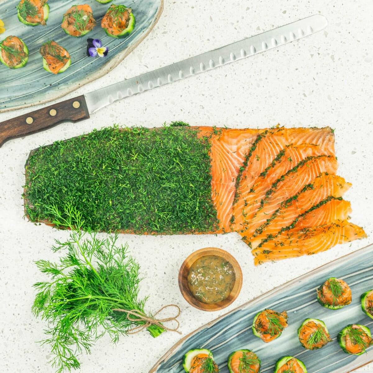 Gravlax - Dill Cured Salmon, Cucumber Disc, Mustard Dill Dressing