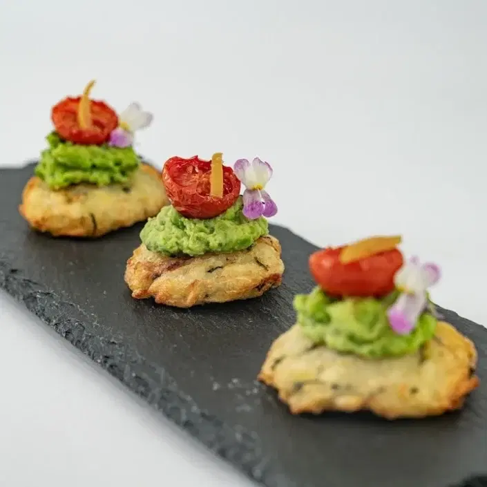 Rosti, Smashed Green Pea & Mint Purée, Slow Roasted Cherry Tomato, Pickled Lemon