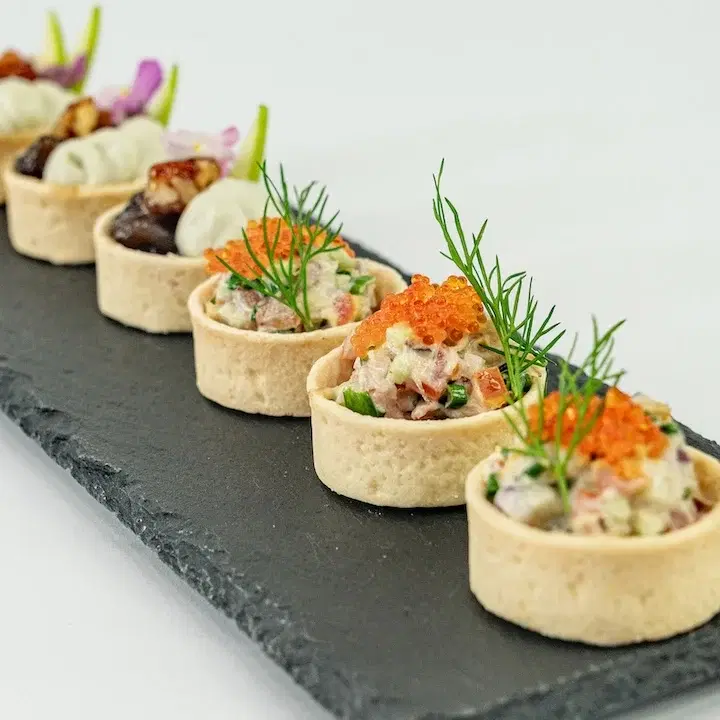 Blue Swimmer Crab Tartlet, Caviar Pearls, Native Pickled Onion & Lemon Myrtle Mayo