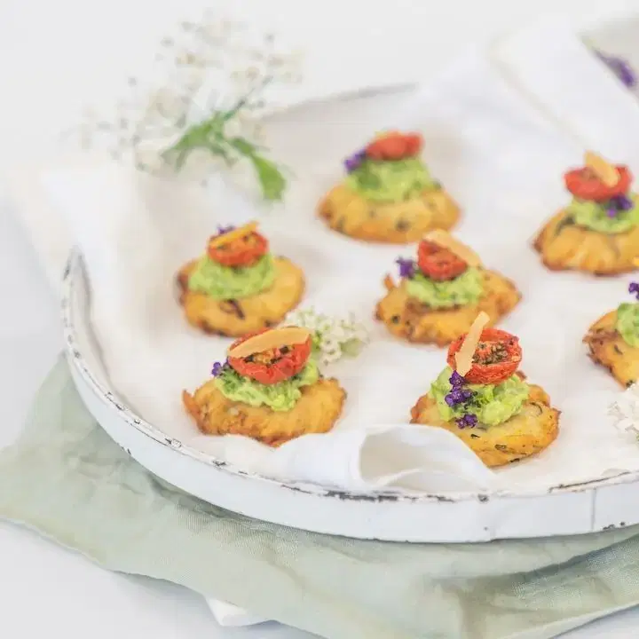 Potato Rosti with Crushed Green Peas, Native Mint, Slow-Roasted Tomatoes, Preserved Lemon