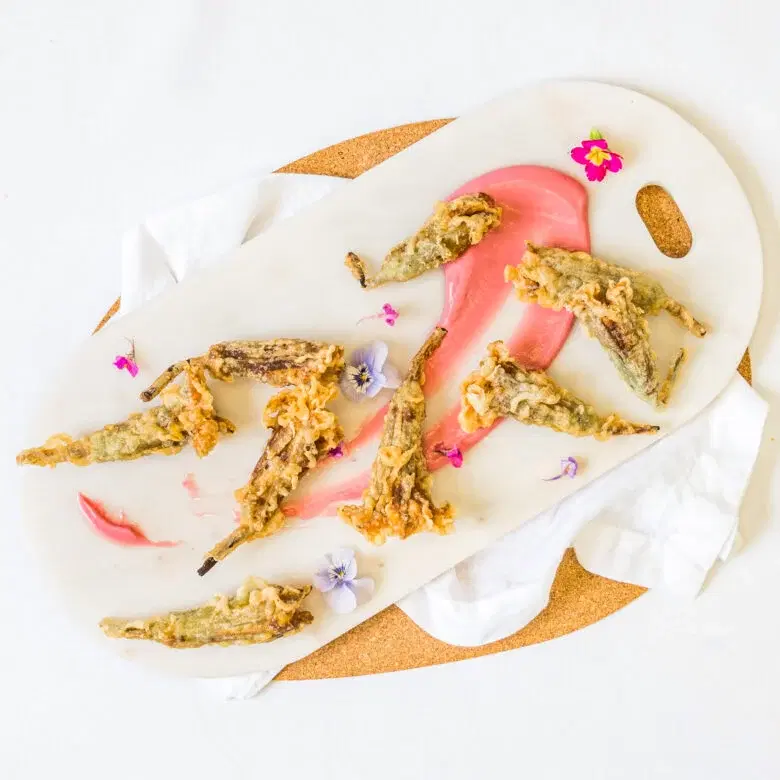 Roasted Vegetable Stuffed Pumpkin Flower, Beetroot Whip