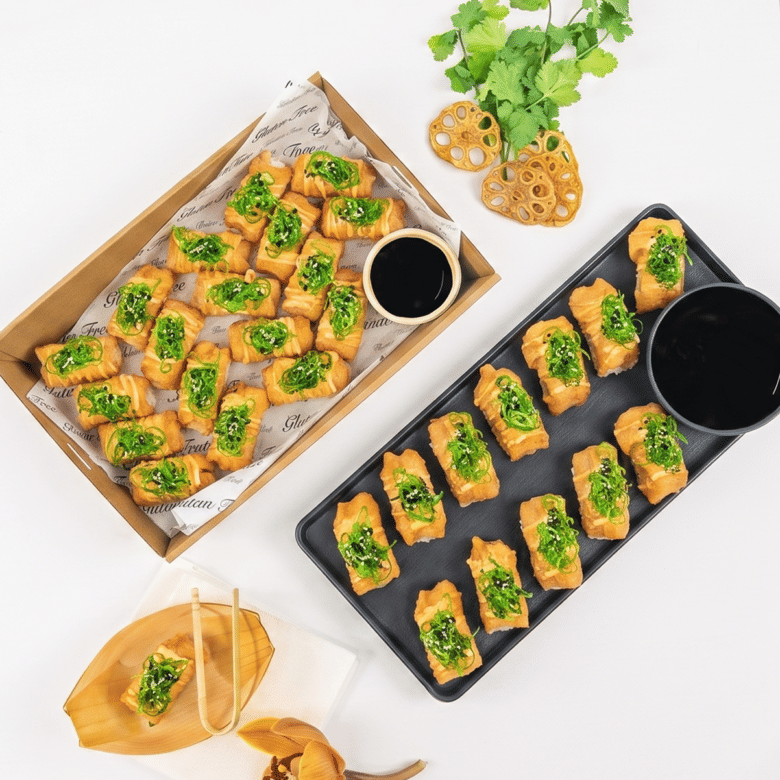 Japanese Fried Tofu Nigiri, Spicy Mayo, Spring Onion & Toasted Sesame