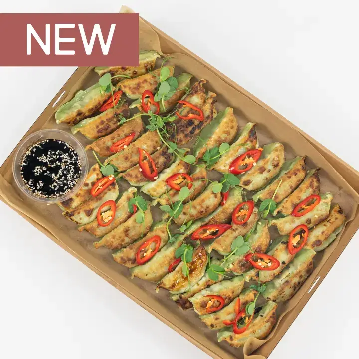 Pan-Seared Gyoza, Garden Vegetables with Sesame & Ginger, Soy & Toasted Sesame Dipping Sauce