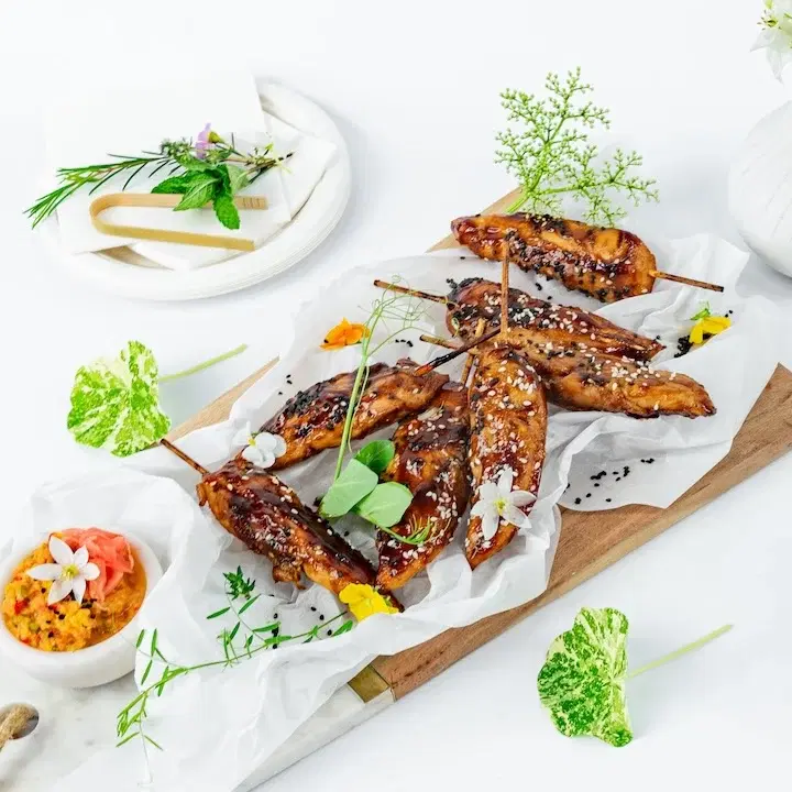 Teriyaki-Glazed Chicken Skewer, Toasted Sesame, Ginger-Pineapple Relish 