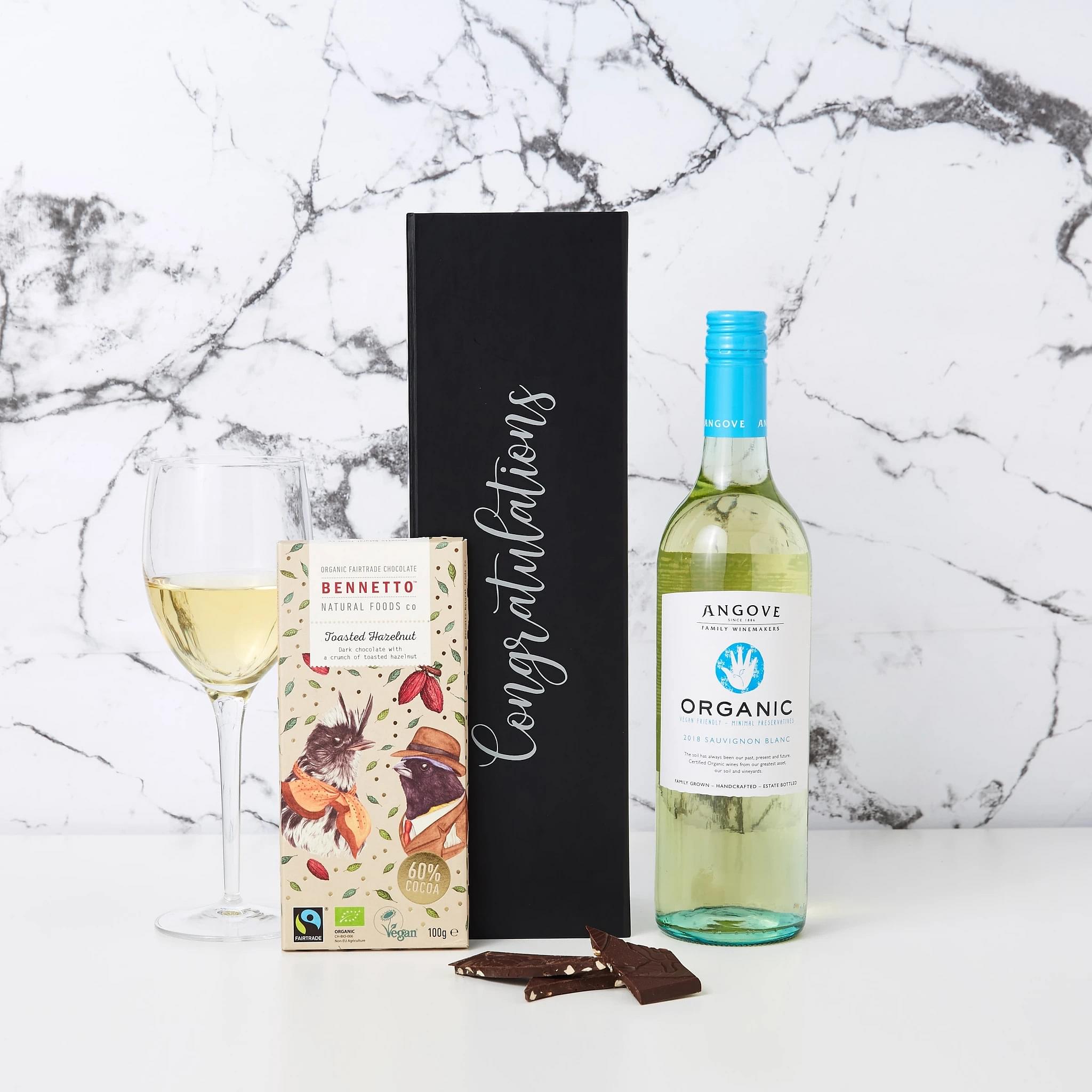 Congratulations Organic White Wine and Chocolate Hamper