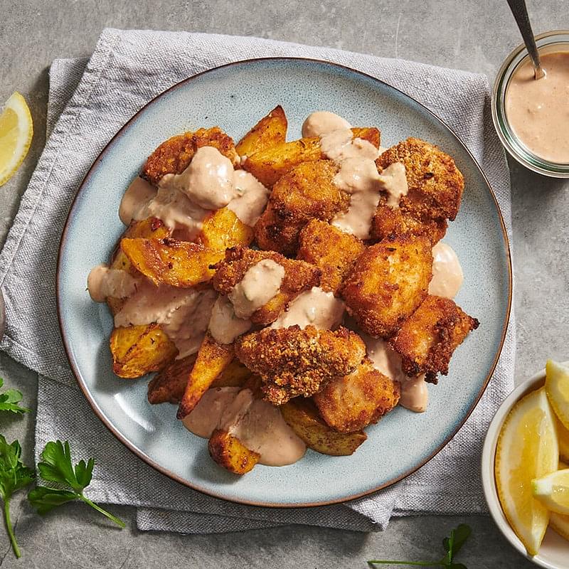 Crumbed Chicken with Roasted Potatoes