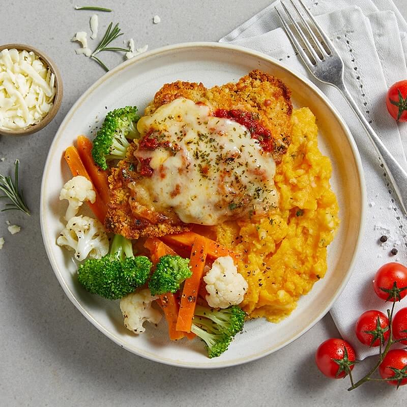 Chicken Parmigiana with Pumpkin Mash and Vegetables