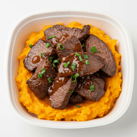 Roast Beef, Sweet Soy, Roasted Sweet Potatoes Smash, Chive Dressing