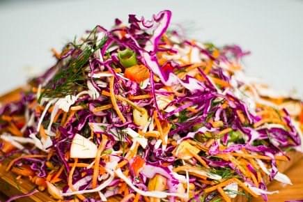 Coleslaw - white and red cabbage, carrots, apple, capsicum, shallots, toasted pinenuts, dill, whole egg mayonnaise