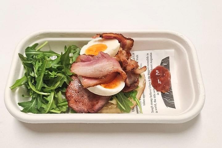 Bacon and Smashed Egg on Crumpet, rocket, house made aioli