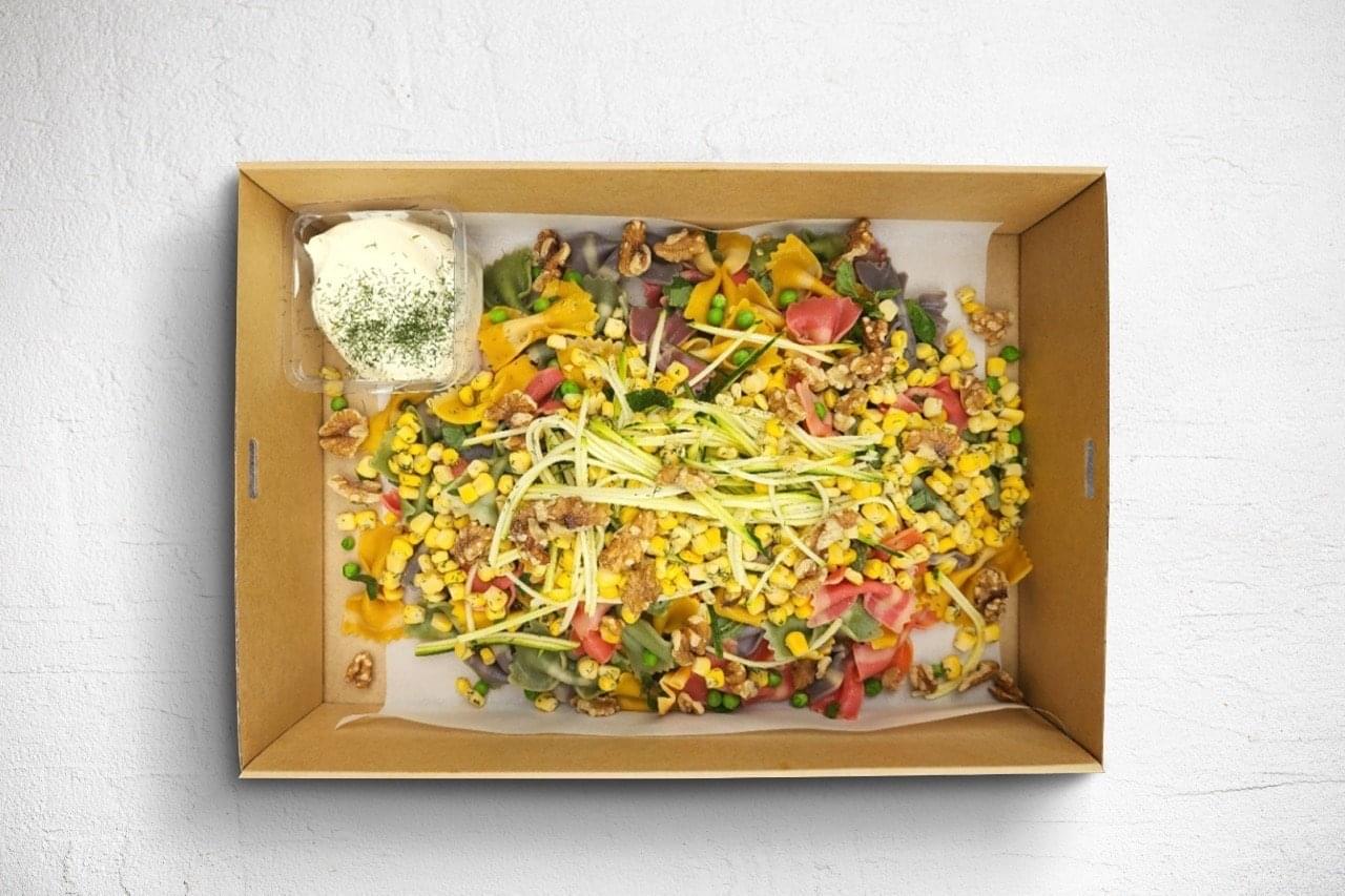Trio Colour Pasta, Raw Vegetables Salads Charred Corn, Sour Cream