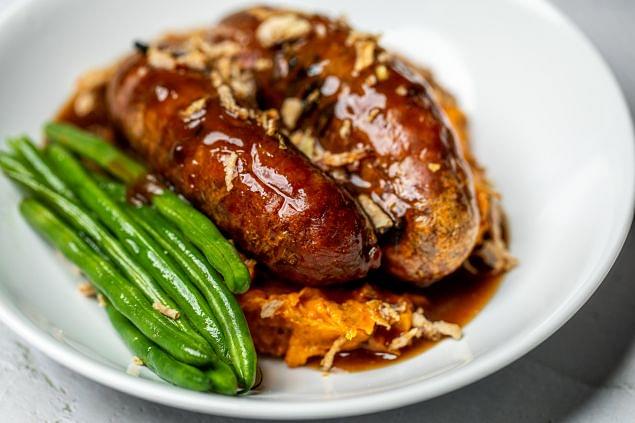Beef Sausages with Sweet Potato Smash