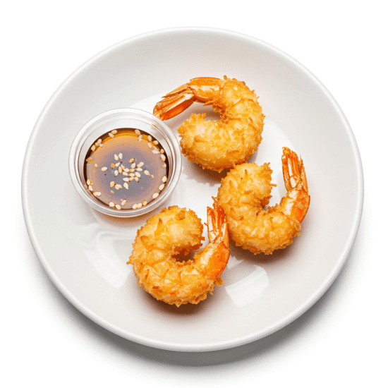 Coconut Battered Prawns, Ponzo Sesame Seeds