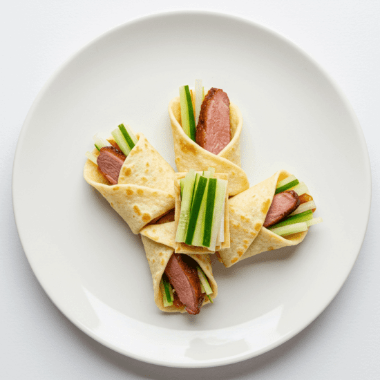 Mini Peking Duck Pancakes, Hoisin Sauce, Cucumber & Shallot