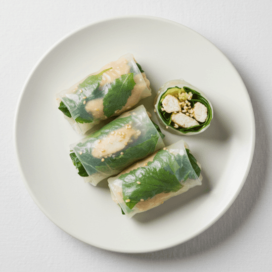 Steamed Chicken, Shiso Cress, Rice Paper Rolls, Sweet Chilli