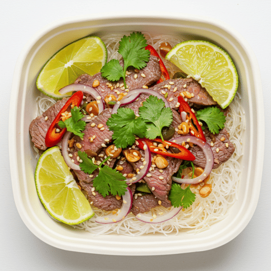 Thai Beef Salad with Coriander, Mint & Lime on Noodles with Sesame Soy Dressing 