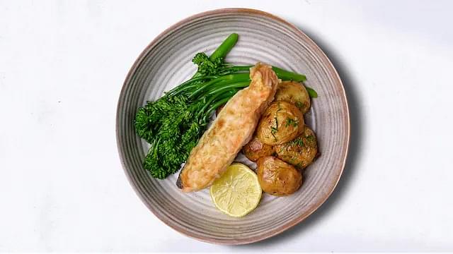 Salmon Steak, Roast Chat Potatoes & Broccoli