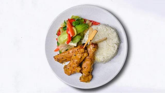 Chicken Satay Skewers, Asian Greens & Steamed Rice