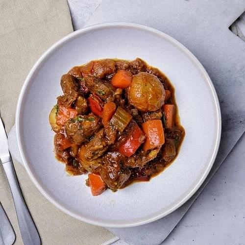 Pepper Beef Stew with Roast Chat Potatoes
