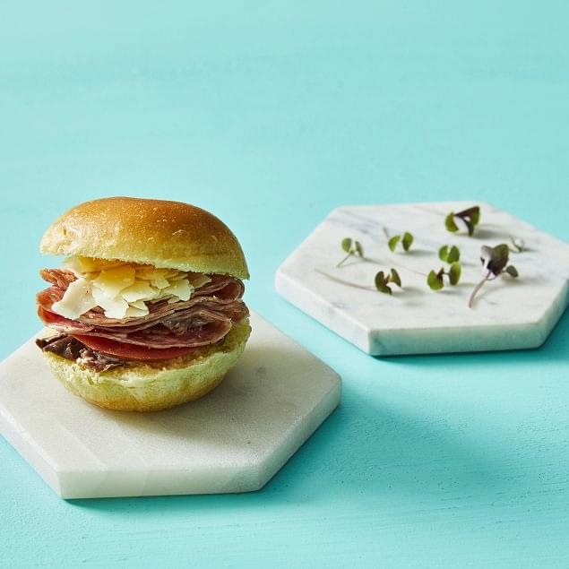 Italian Style Spicy Salami Slider With Olive Tapenade, Fresh Tomato And Reggiano Parmigiano