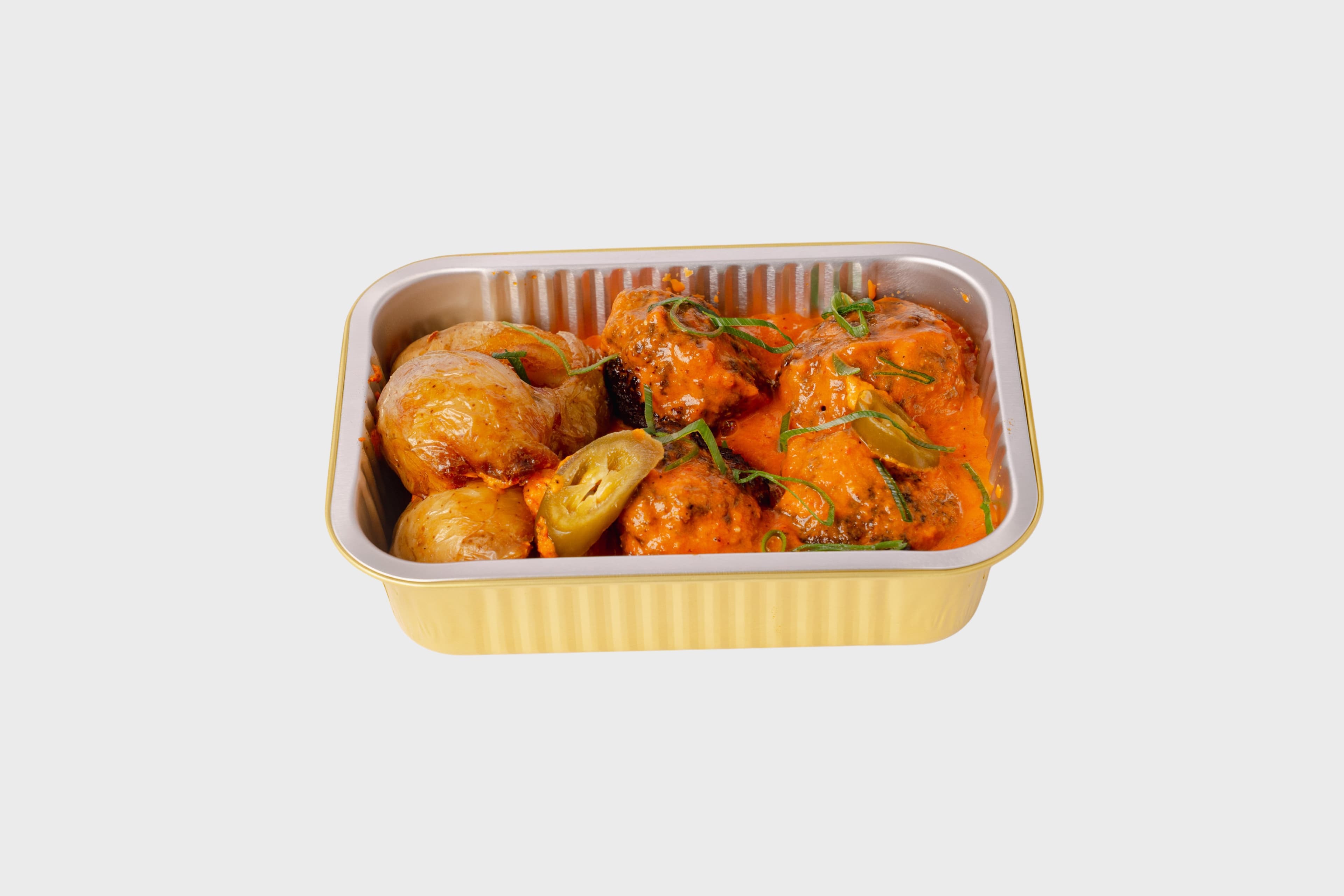 Slow Braised Lamb Kefta Balls, Cinnamon Infused Romesco & Smashed Potatoes