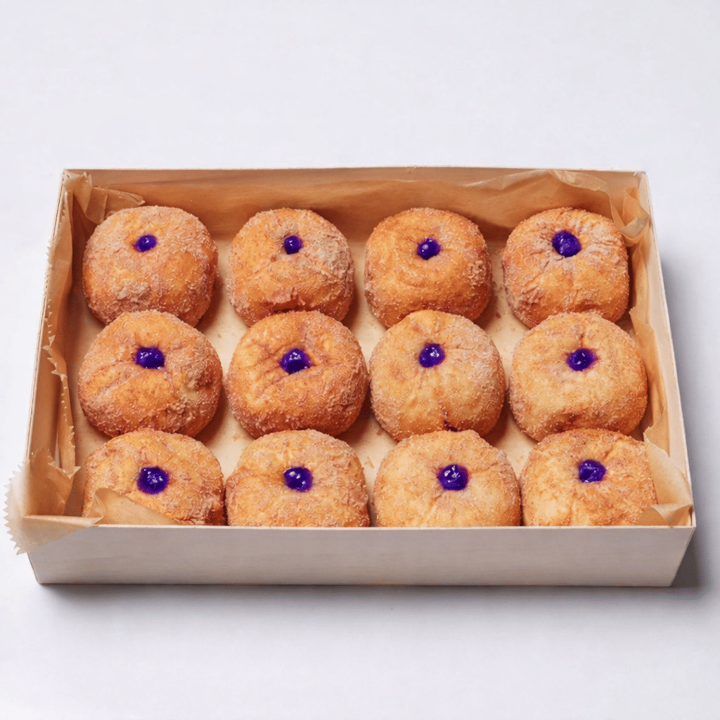 Fried Custard Bao Box with Blackberry & Raspberry Sugar Dust