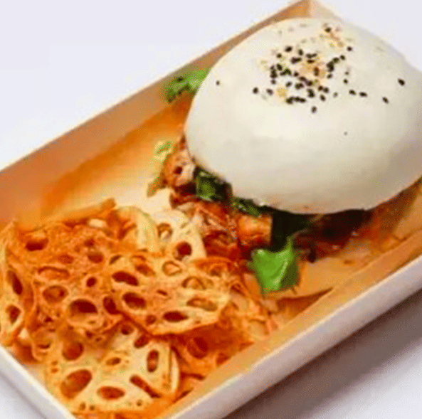 Pork Belly Steamed Bao Bun with Lotus Chips