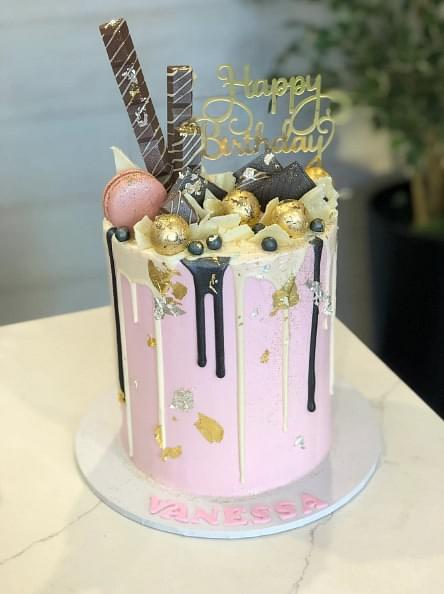 Pink, Black & Gold Themed Drip Cake