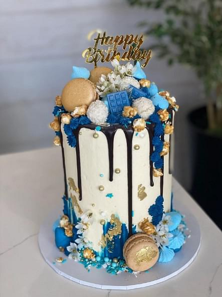 Gold & Blue Drip Cake