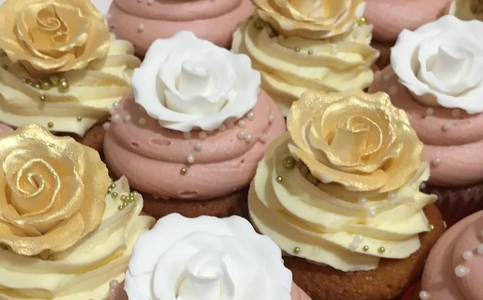 Pink White & Gold Themed Rose Cupcakes - 12 Regulars