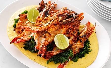 Chargrilled Jumbo King Prawns with Crispy Kale & Lime