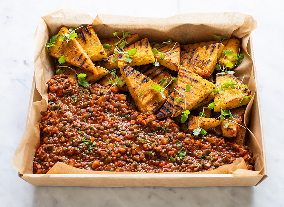 Mushroom & Lentil Ragout with Grilled Polenta & Aleppo Dressing