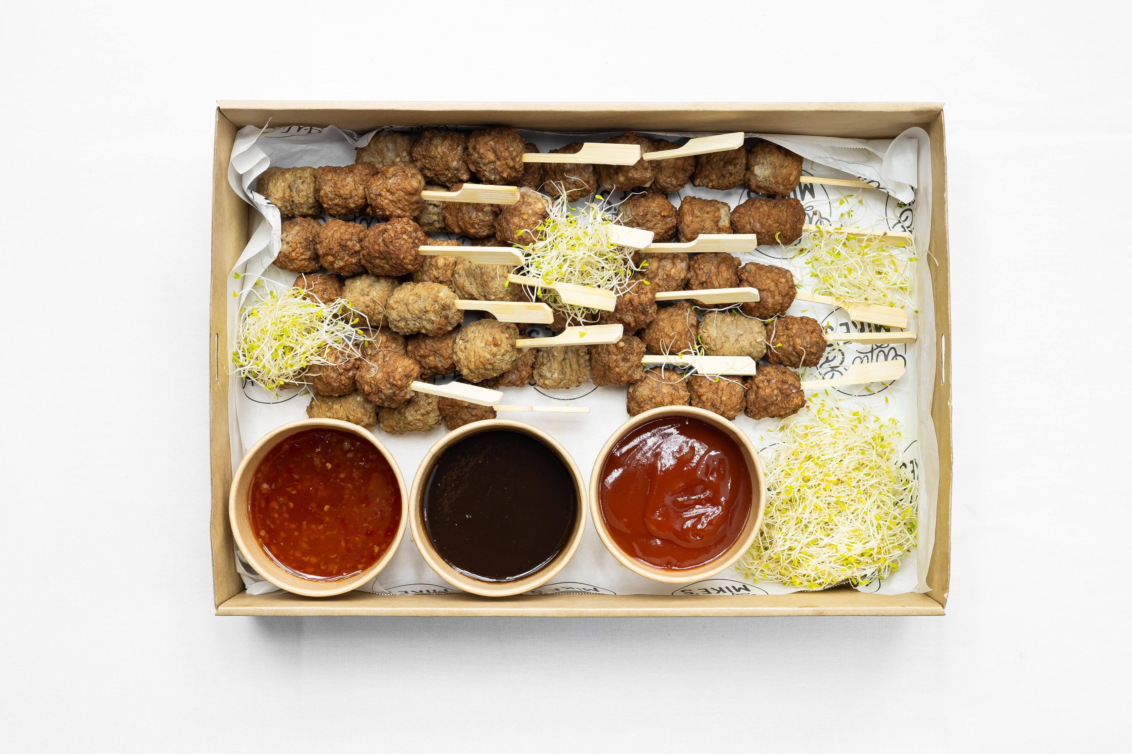 Meatball Skewers with a Trio of Sauces